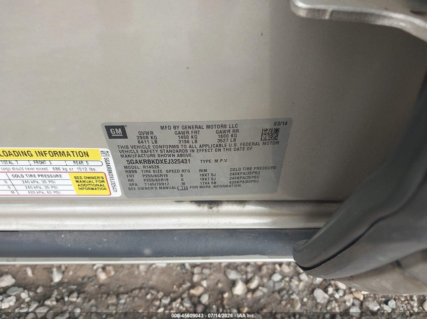 2014 Buick Enclave VIN 5GAKRBKDXEJ325431 IAAI salvage auction — SIDE, Clear (Alabama), sold $1,425 on 2026-09-08 (photo 9)