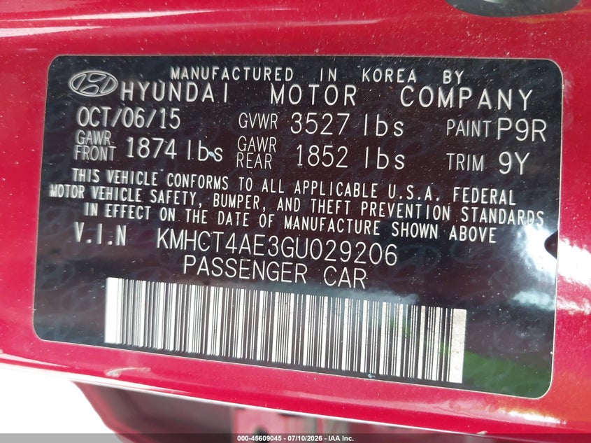 2016 Hyundai Accent VIN KMHCT4AE3GU029206 IAAI salvage auction — NORMAL WEAR, Clear (Alabama), sold $400 on 2026-07-29 (photo 9)