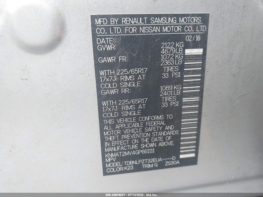 2016 Nissan Rogue VIN KNMAT2MV4GP661111 IAAI salvage auction — NORMAL WEAR, Clear (Virginia), sold $800 on 2026-07-28 (photo 9)