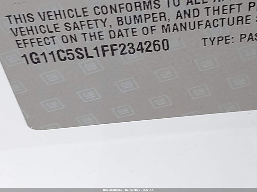 2015 Chevrolet Malibu VIN 1G11C5SL1FF234260 IAAI salvage auction — REAR END, Salvage (Texas), sold $1,550 on 2026-07-31 (photo 9)