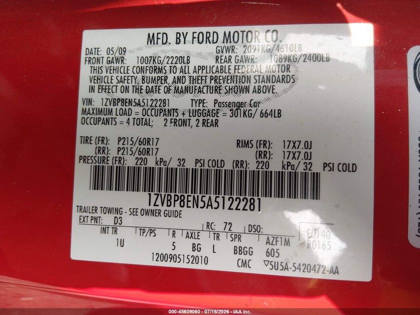 2010 Ford Mustang VIN 1ZVBP8EN5A5122281 IAAI salvage auction — SIDE, Clear (Wisconsin), sold $1,650 on 2026-07-27 (photo 9)