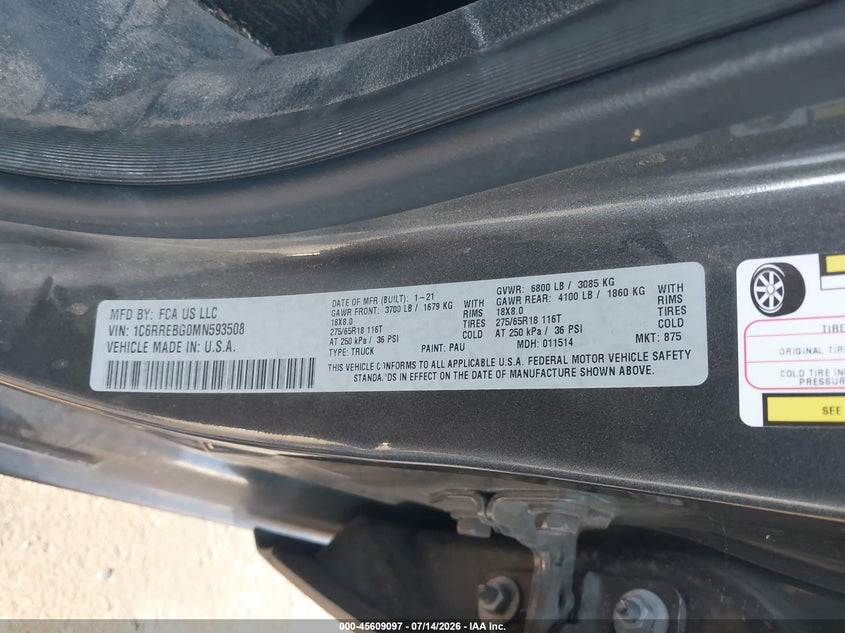2021 Ram 1500 VIN 1C6RREBG0MN593508 IAAI salvage auction — FRONT & REAR, Salvage Title, sold $2,950 on 2026-07-31 (photo 9)