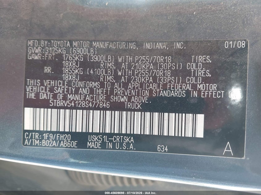 2008 Toyota Tundra VIN 5TBRV54128S477846 IAAI salvage auction — NORMAL WEAR, Clear (Alabama), sold $2,050 on 2026-07-29 (photo 9)