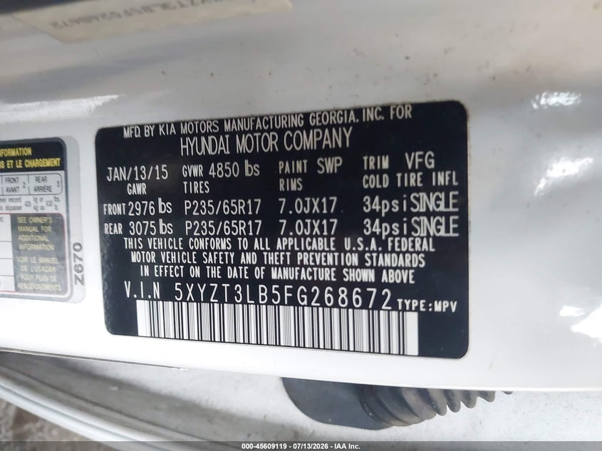 2015 Hyundai Santa fe VIN 5XYZT3LB5FG268672 IAAI salvage auction — FRONT END, Rebuildable (Florida), sold $2,000 on 2026-07-28 (photo 9)
