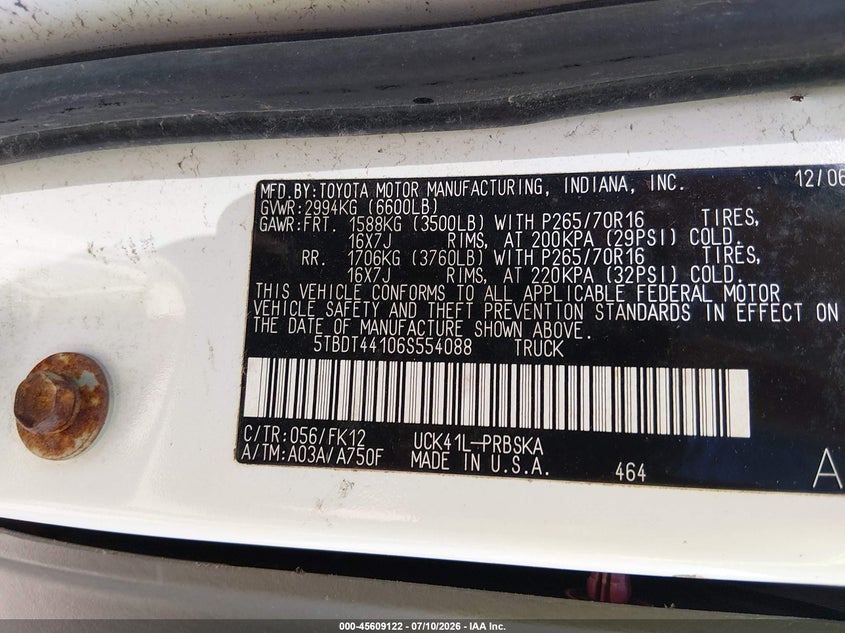 2006 Toyota Tundra VIN 5TBDT44106S554088 IAAI salvage auction — NORMAL WEAR, Clear (Massachusetts), sold $775 on 2026-07-28 (photo 9)