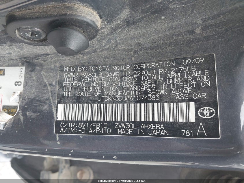 2010 Toyota Prius VIN JTDKN3DU8A1074383 IAAI salvage auction — HAIL, Regular Certificate (Iowa), sold $500 on 2026-07-28 (photo 9)