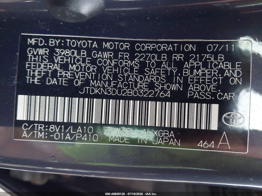 2011 Toyota Prius VIN JTDKN3DU2B0322764 IAAI salvage auction — NORMAL WEAR, Original (Ohio), sold $800 on 2026-07-30 (photo 9)