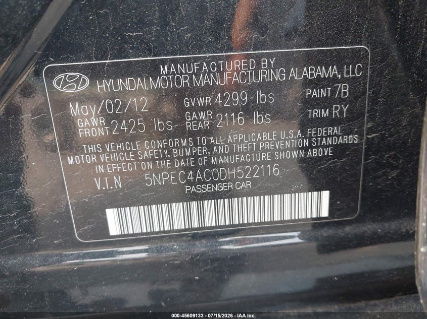 2013 Hyundai Sonata VIN 5NPEC4AC0DH522116 IAAI salvage auction — NORMAL WEAR, Clear (Connecticut), sold $500 on 2026-07-30 (photo 9)