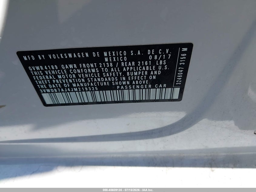 2018 Volkswagen Jetta VIN 3VWDB7AJ4JM219325 IAAI salvage auction — FRONT END, Salvage Title, sold $2,950 on 2026-08-07 (photo 9)