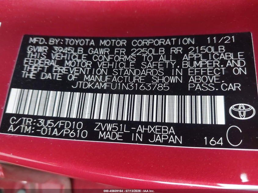 2022 Toyota Prius VIN JTDKAMFU1N3163785 IAAI salvage auction — NORMAL WEAR, Salvage (California), sold $2,975 on 2026-07-28 (photo 9)
