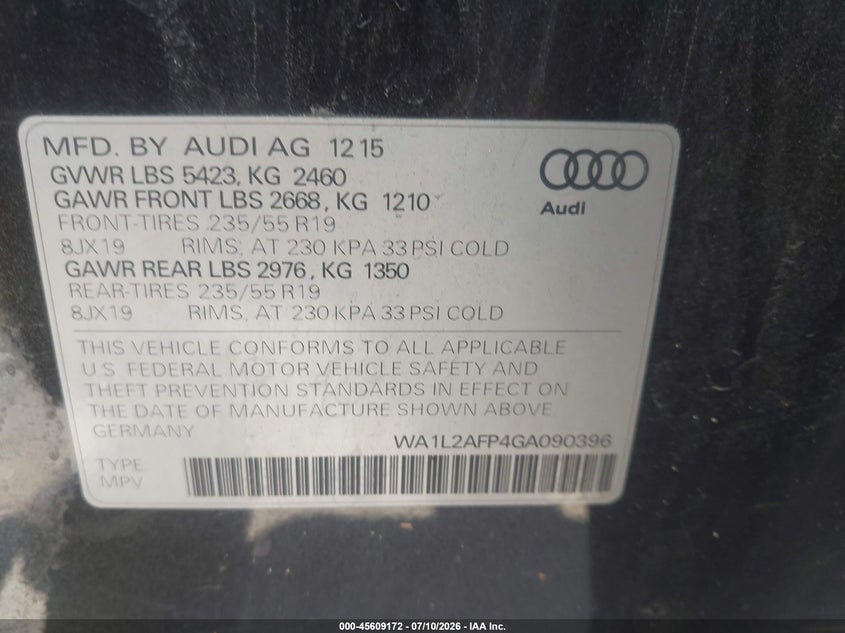 2016 Audi Q5 VIN WA1L2AFP4GA090396 IAAI salvage auction — NORMAL WEAR, Clear (Wisconsin), sold $25 on 2026-07-28 (photo 9)