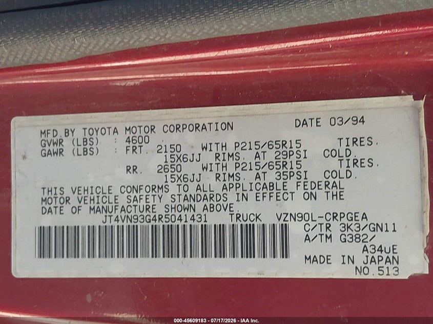1994 Toyota Pickup VIN JT4VN93G4R5041431 IAAI salvage auction — NORMAL WEAR, Clear - Dealer Only (California), sold $525 on 2026-07-28 (photo 9)