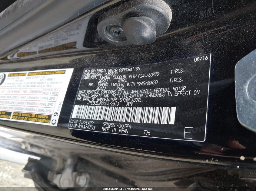 2016 Toyota 4runner VIN JTEBU5JR2G5372813 IAAI salvage auction — FRONT END, Bill Of Sale (Alaska), sold $325 on 2026-07-24 (photo 9)