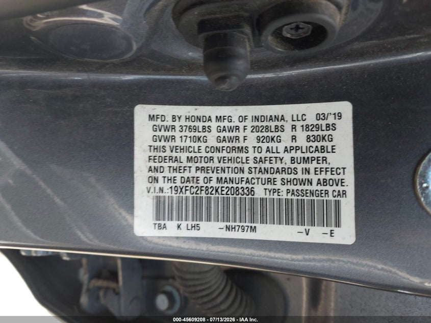 2019 Honda Civic VIN 19XFC2F82KE208336 IAAI salvage auction — REAR END, Salvage (Oregon), sold $0 on 2026-09-28 (photo 9)
