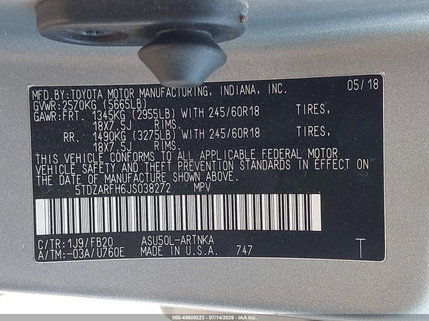 2018 Toyota Highlander VIN 5TDZARFH6JS038272 IAAI salvage auction — FRONT & REAR, Salvage (California), sold $100 on 2026-07-28 (photo 9)