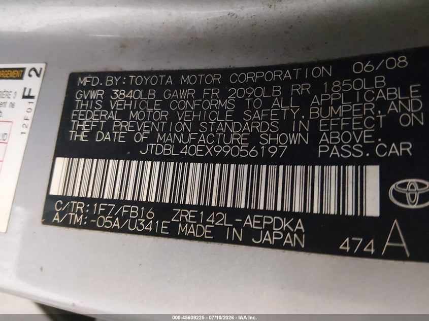 2009 Toyota Corolla VIN JTDBL40EX99056197 IAAI salvage auction — NORMAL WEAR, Clear (Tennessee), sold $1,100 on 2026-07-29 (photo 9)