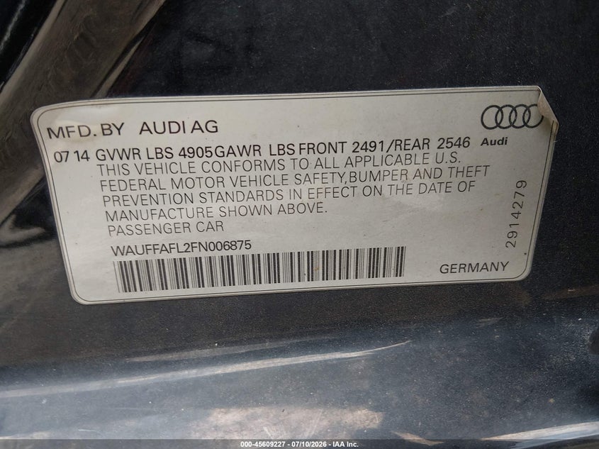 2015 Audi A4 VIN WAUFFAFL2FN006875 IAAI salvage auction — NORMAL WEAR, Clear (Indiana), sold $1,050 on 2026-07-29 (photo 9)