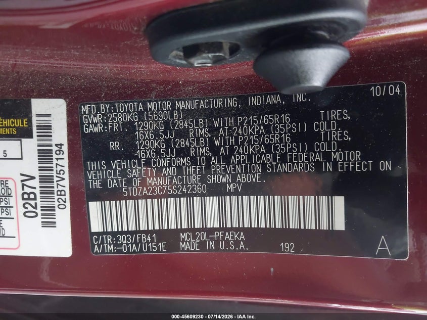 2005 Toyota Sienna VIN 5TDZA23C75S242360 IAAI salvage auction — NORMAL WEAR, Clear (Georgia), sold $500 on 2026-07-23 (photo 9)
