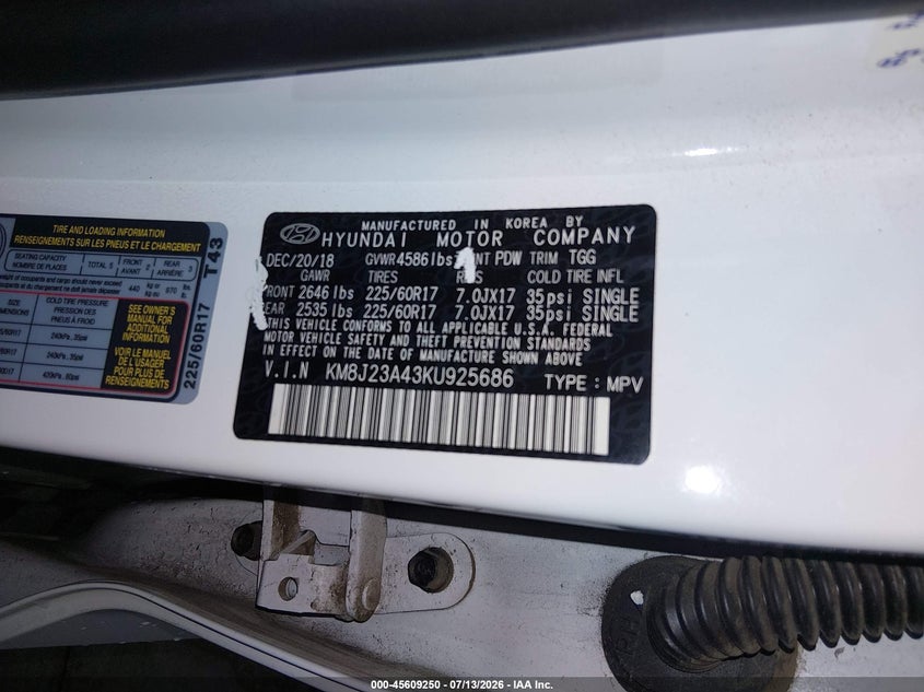 2019 Hyundai Tucson VIN KM8J23A43KU925686 IAAI salvage auction — FRONT END, Salvage (Arizona), sold $1,650 on 2026-07-28 (photo 9)
