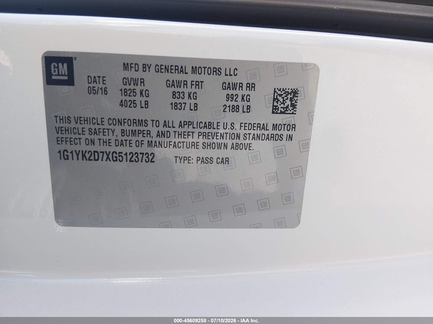 2016 Chevrolet Corvette VIN 1G1YK2D7XG5123732 IAAI salvage auction — FRONT END, Salvage (California), sold $25,250 on 2026-08-26 (photo 9)