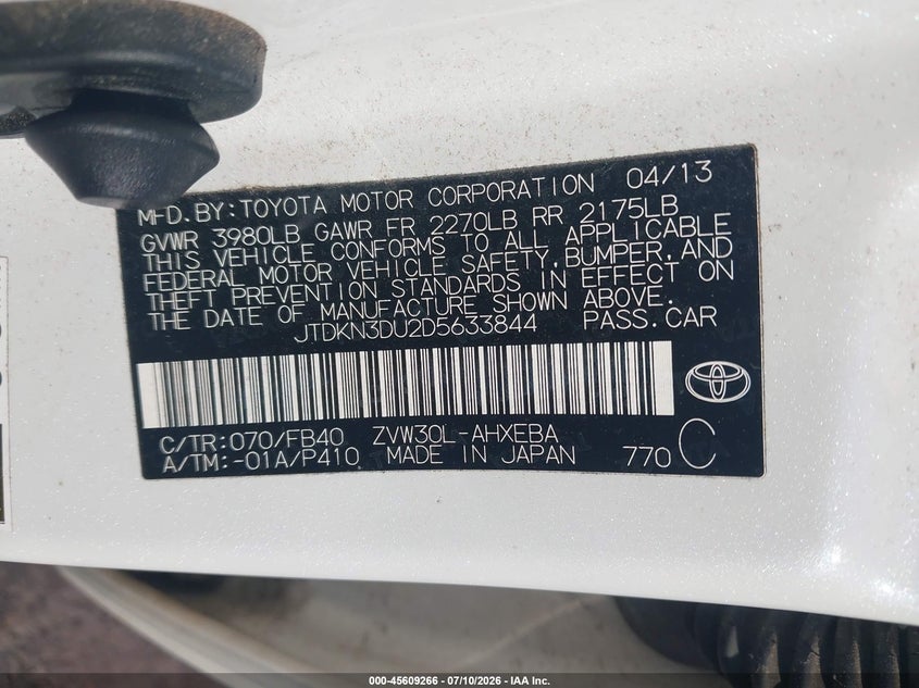 2013 Toyota Prius VIN JTDKN3DU2D5633844 IAAI salvage auction — NORMAL WEAR, Clear (North Carolina), sold $3,350 on 2026-07-16 (photo 9)