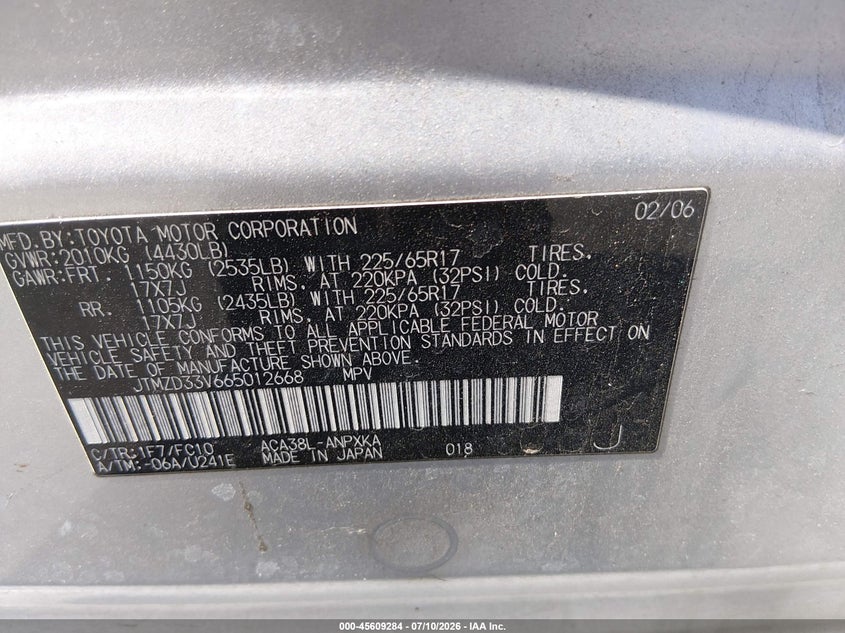 2006 Toyota Rav4 VIN JTMZD33V665012668 IAAI salvage auction — NORMAL WEAR, Clear - Dealer Only (California), sold $500 on 2026-07-18 (photo 9)