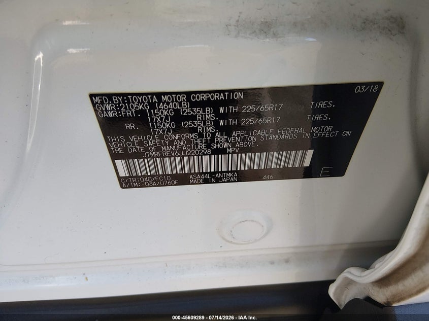 2018 Toyota Rav 4 VIN JTMRFREV6JJ220298 IAAI salvage auction — FRONT END, Salvage Certificate (California), sold $7,625 on 2026-07-31 (photo 9)