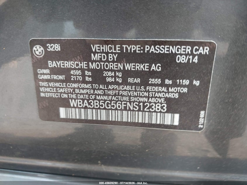 2015 BMW 3er VIN WBA3B5G56FNS12383 IAAI salvage auction — WATER/FLOOD, Salvage (New Jersey), sold $1,275 on 2026-08-19 (photo 9)