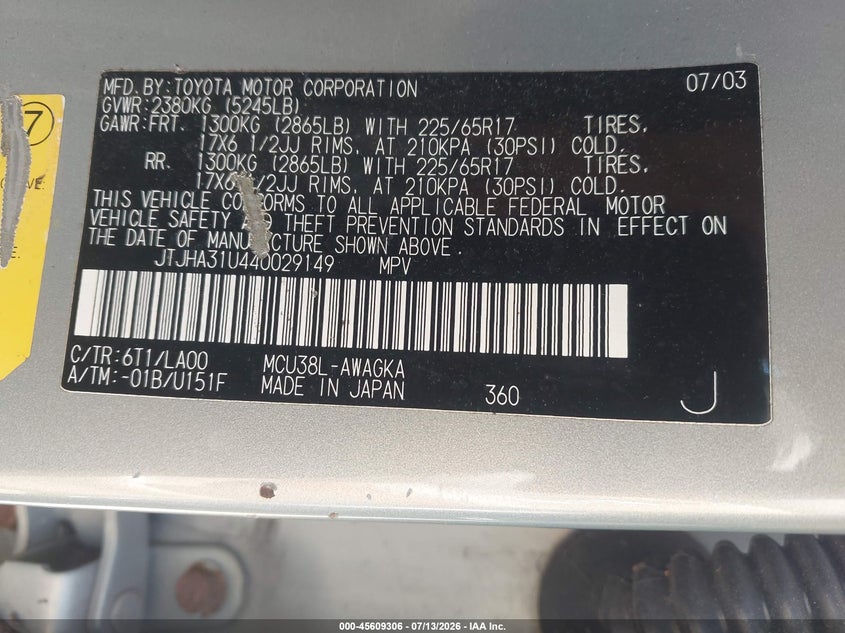 2004 Lexus Rx 330 VIN JTJHA31U440029149 IAAI salvage auction — NORMAL WEAR, Clear (Illinois), sold $25 on 2026-07-22 (photo 9)
