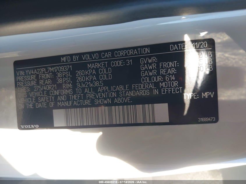 2021 Volvo Xc90 VIN YV4A22PL7M1709371 IAAI salvage auction — BIO HAZARD, Wait Title, sold $14,500 on 2026-08-14 (photo 9)
