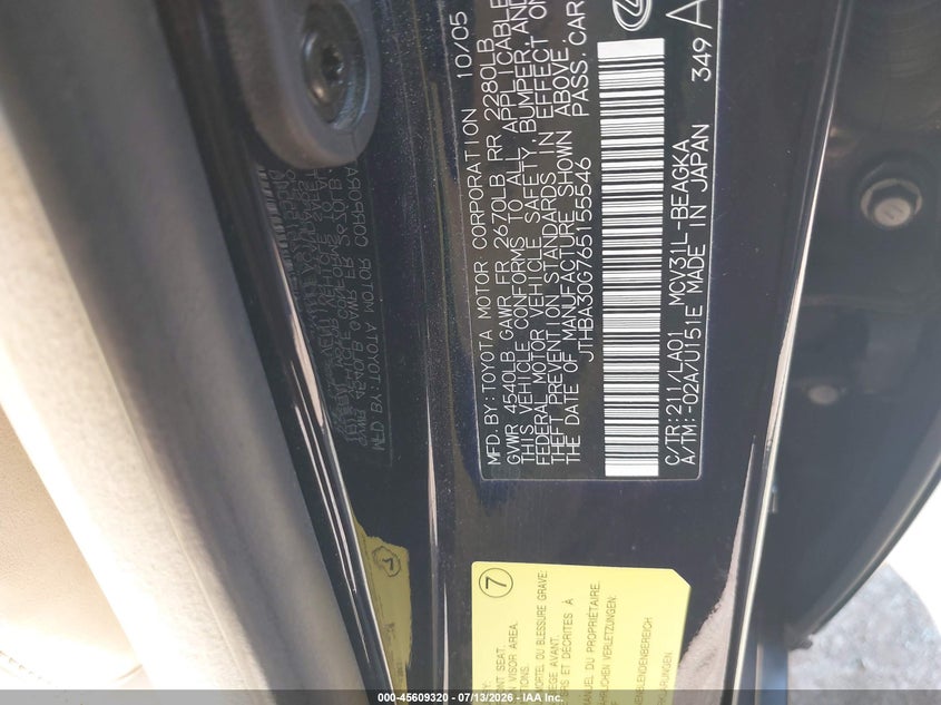 2006 Lexus Es 330 VIN JTHBA30G765155546 IAAI salvage auction — NORMAL WEAR, Clear - Public Restricted (Oklahoma), sold $600 on 2026-07-29 (photo 9)