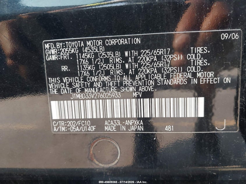 2007 Toyota Rav4 VIN JTMBD33V276025933 IAAI salvage auction — NORMAL WEAR, Clear (Connecticut), sold $750 on 2026-07-30 (photo 9)