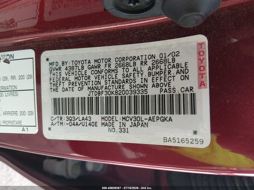2002 Toyota Camry VIN JTDBF30K820039335 IAAI salvage auction — NORMAL WEAR, Clear (Tennessee), sold $300 on 2026-07-29 (photo 9)