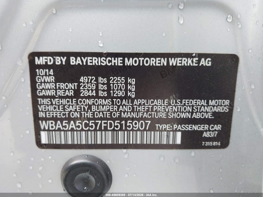 2015 BMW 5er VIN WBA5A5C57FD515907 IAAI salvage auction — FRONT END, Salvage Title, sold $625 on 2026-08-05 (photo 9)