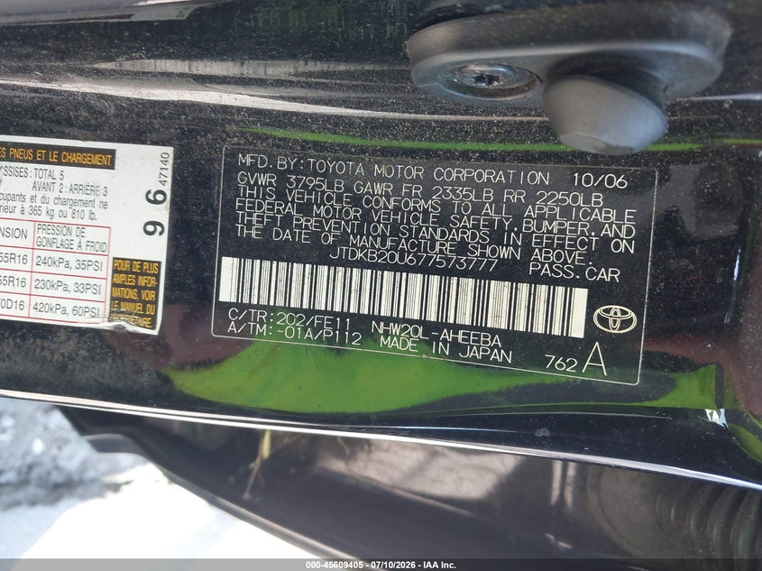 2007 Toyota Prius VIN JTDKB20U677573777 IAAI salvage auction — NORMAL WEAR, Salvage Title - Dealer (California), sold $525 on 2026-07-29 (photo 9)