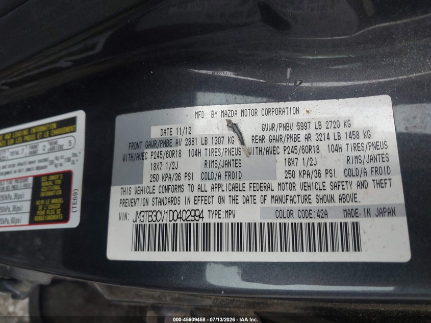 2013 Mazda Cx-9 VIN JM3TB3CV1D0402994 IAAI salvage auction — NORMAL WEAR, Clear (Georgia), sold $525 on 2026-07-21 (photo 9)
