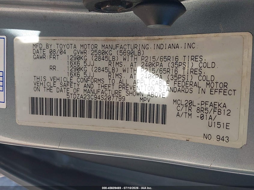 2004 Toyota Sienna VIN 5TDZA23C94S207799 IAAI salvage auction — NORMAL WEAR, Affidavit In Lieu Of Title - Non-Public (Washington), sold $375 on 2026-07-29 (photo 9)
