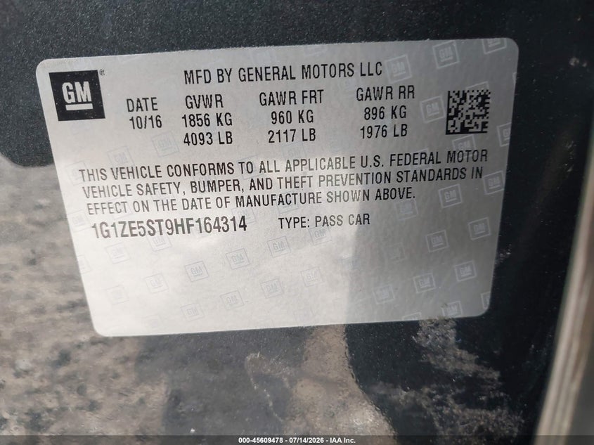 2017 Chevrolet Malibu VIN 1G1ZE5ST9HF164314 IAAI salvage auction — FRONT END, Wait Title, sold $1,350 on 2026-08-23 (photo 9)