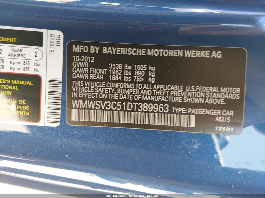 2013 Mini Hard top VIN WMWSV3C51DT389963 IAAI salvage auction — NORMAL WEAR, Clear - Dealer Only (California), sold $125 on 2026-08-01 (photo 9)