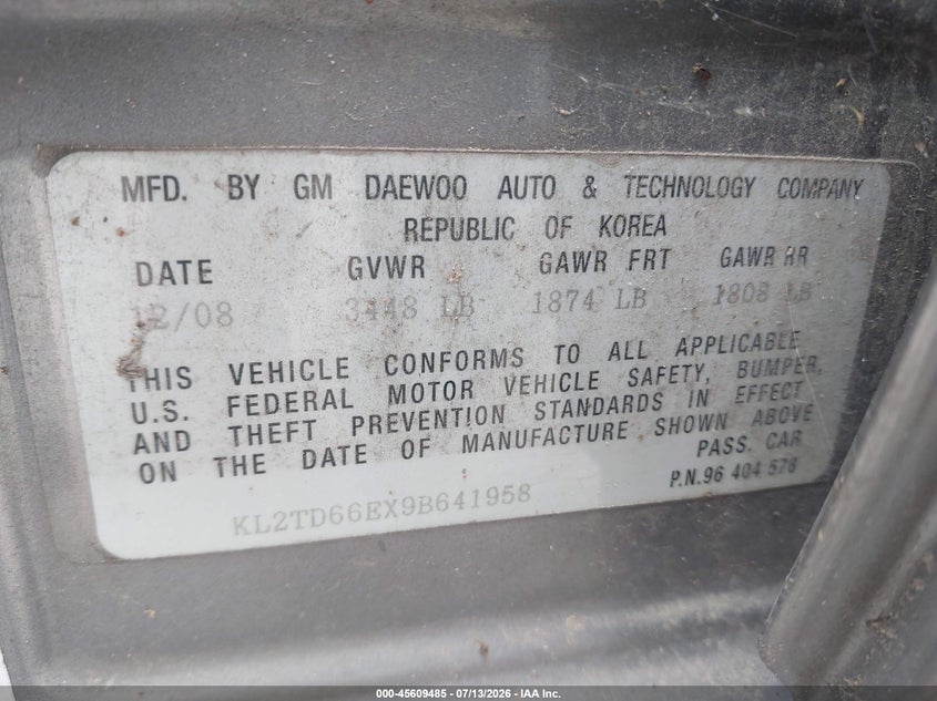 2009 Pontiac G3 VIN KL2TD66EX9B641958 IAAI salvage auction — NORMAL WEAR, Original (Texas), sold $175 on 2026-09-02 (photo 9)