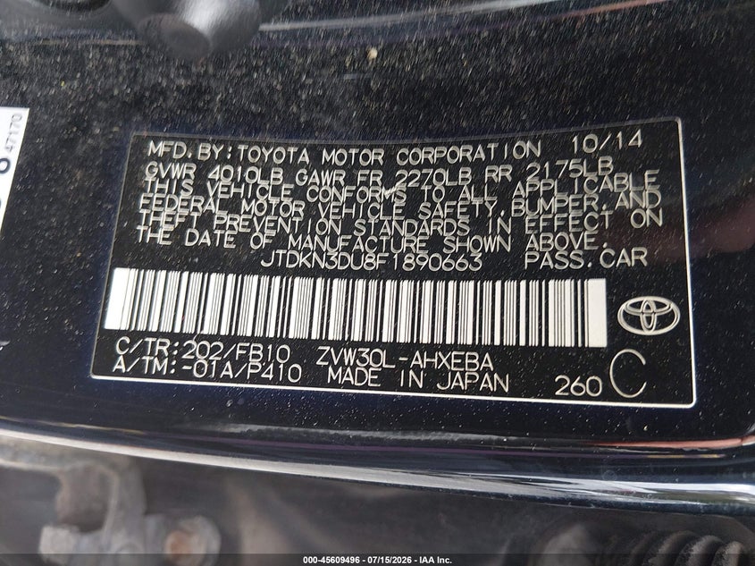 2015 Toyota Prius VIN JTDKN3DU8F1890663 IAAI salvage auction — NORMAL WEAR, Clear (South Carolina), sold $1,550 on 2026-07-21 (photo 9)