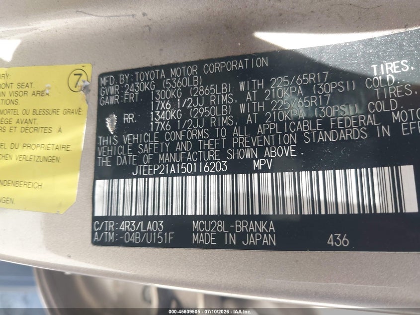 2005 Toyota Highlander VIN JTEEP21A150116203 IAAI salvage auction — NORMAL WEAR, Clear - Dealer Only (California), sold $875 on 2026-07-29 (photo 9)