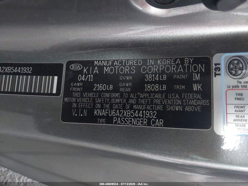2011 Kia Forte VIN KNAFU6A2XB5441932 IAAI salvage auction — RIGHT SIDE, Salvage (California), sold $100 on 2026-07-28 (photo 9)