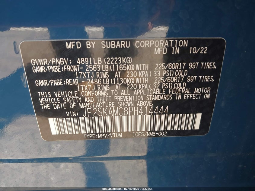 2023 Subaru Forester VIN JF2SKAMC8PH414444 IAAI salvage auction — SIDE, Regular (South Dakota), sold $9,500 on 2026-09-08 (photo 9)