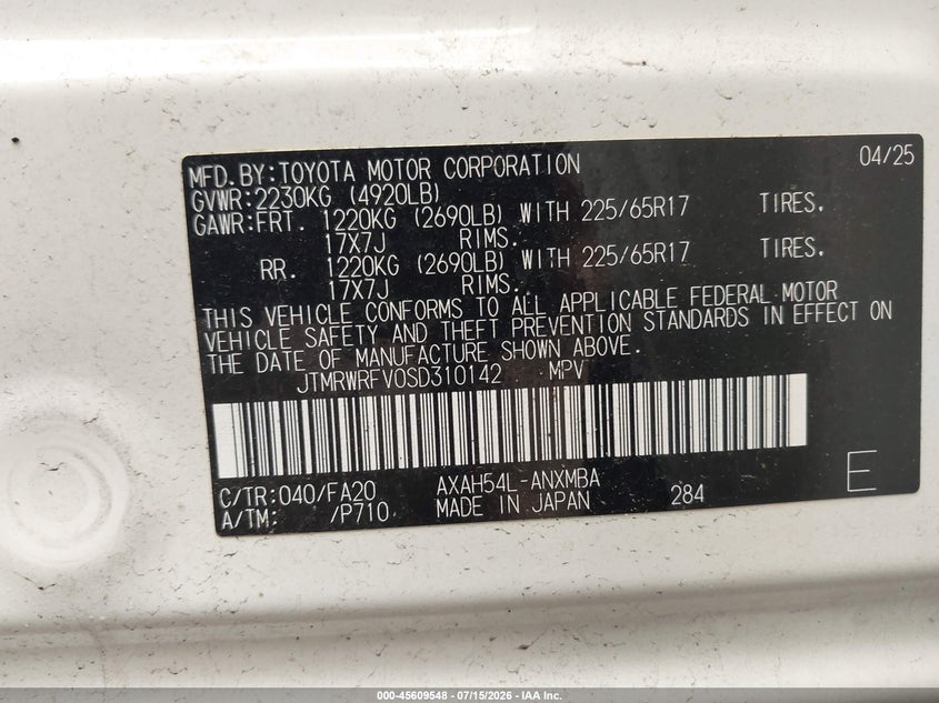 2025 Toyota Rav 4 VIN JTMRWRFV0SD310142 IAAI salvage auction — SIDE, Salvage (Massachusetts), sold $17,400 on 2026-08-22 (photo 9)