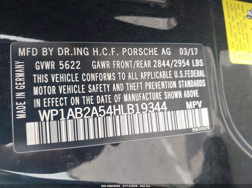 2017 Porsche Macan VIN WP1AB2A54HLB19344 IAAI salvage auction — LEFT FRONT, Salvage Title, sold $5,000 on 2026-08-10 (photo 9)