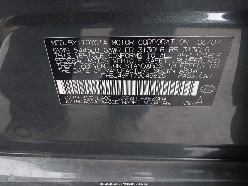 2007 Lexus Ls 460 VIN JTHBL46F175045625 IAAI salvage auction — REAR END, Salvage (California), sold $1,700 on 2026-07-30 (photo 9)