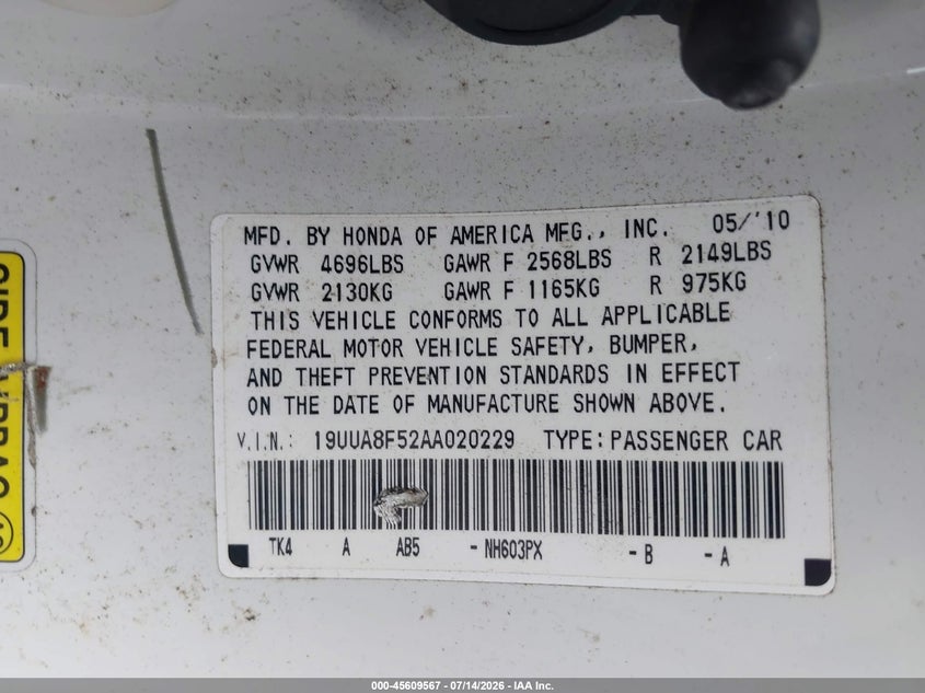 2010 Acura Tl VIN 19UUA8F52AA020229 IAAI salvage auction — NORMAL WEAR, Clear (Alabama), sold $625 on 2026-07-24 (photo 9)
