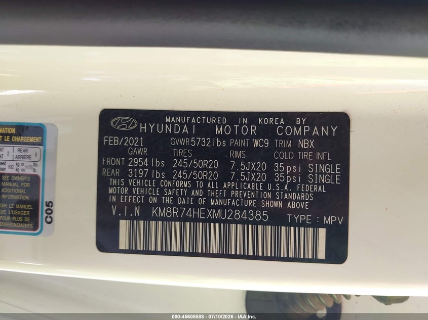 2021 Hyundai Palisade VIN KM8R74HEXMU284385 IAAI salvage auction — LEFT FRONT, Salvage Title, sold $11,425 on 2026-08-19 (photo 9)