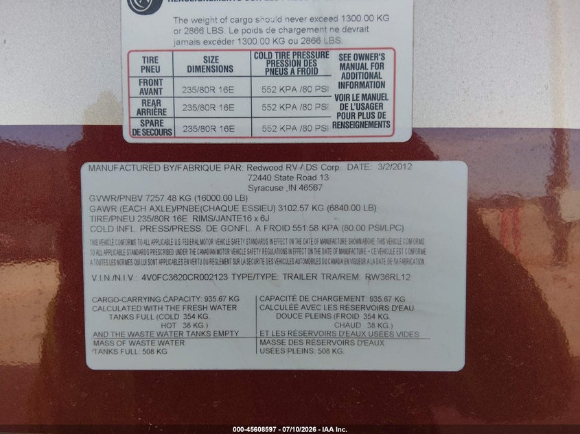 2012 Redwood Other VIN 4V0FC3620CR002123 IAAI salvage auction — Burn Interior, Original (Texas), sold $2,200 on 2026-07-15 (photo 9)